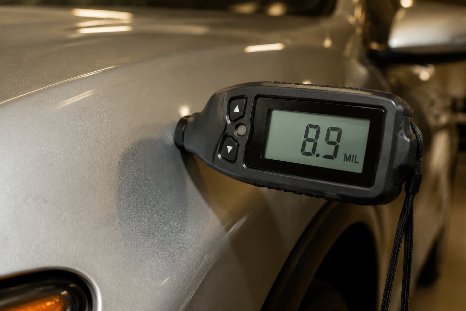 Paint-depth gauge reading on a repainted panel