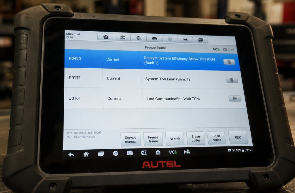 OBD-II diagnostic scan showing recovered fault codes